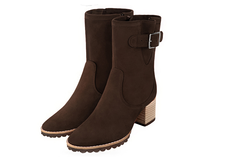 Dark brown women's ankle boots with buckles on the sides. Round toe. Medium block heels. Front view - Florence KOOIJMAN
